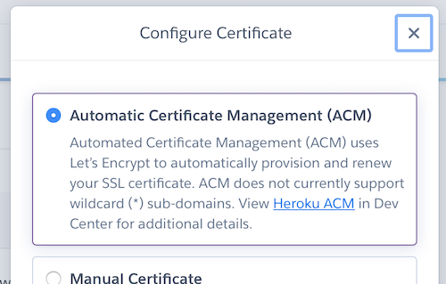 Heroku dialog box with the heading Automatic Certificate Management