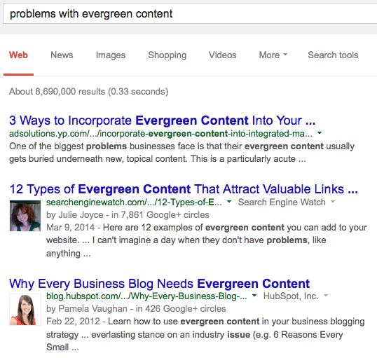 Google results page for problems with evergreen content