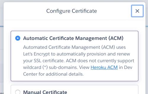 Heroku dialog box with the heading Automatic Certificate Management