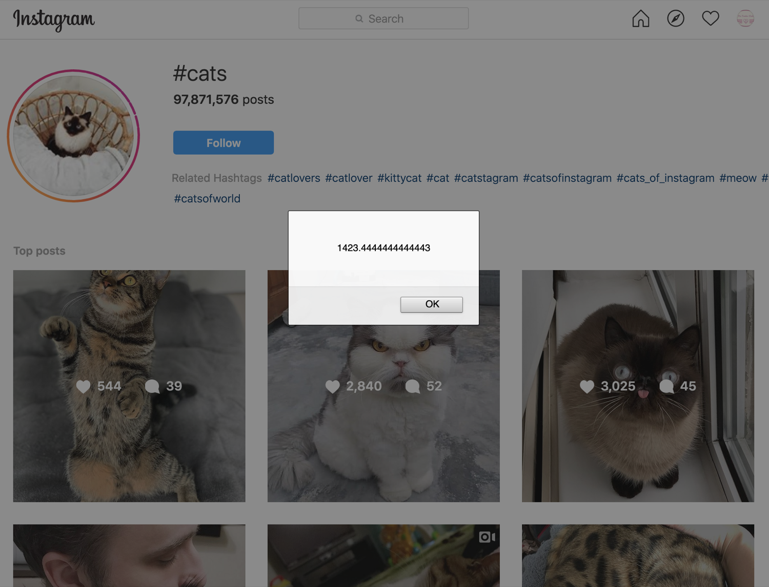 popup box with number 1423 sitting on top of the top cat posts on Instagram