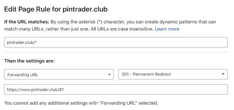 Cloudflare box matching pintrader.club/* and doing a 301 redirect to https://www.pintrader.club/$1