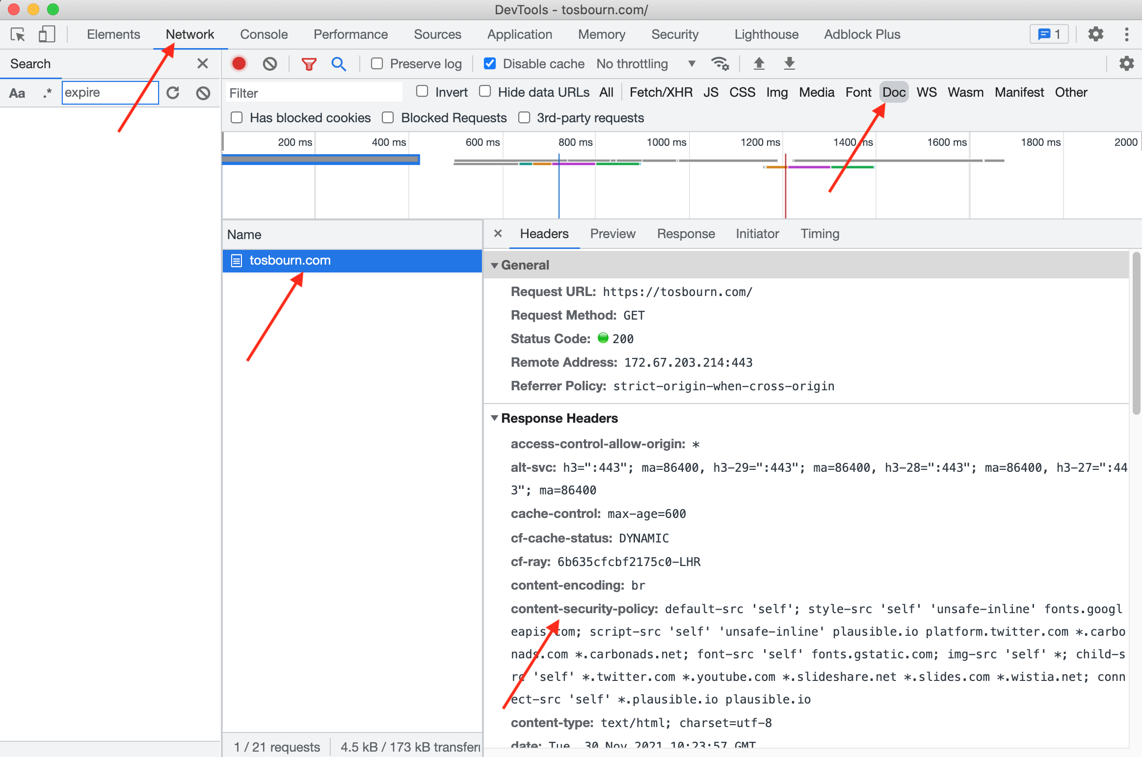 Screenshot of web inspector showing headers for tosbourn.com website