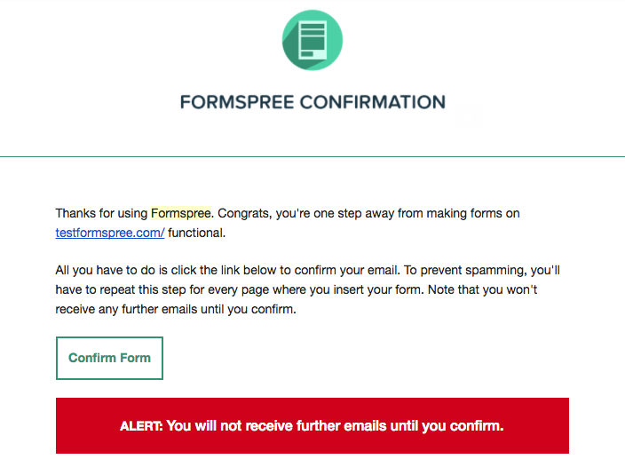 Screenshot of the email Formspree send to confirm your email address