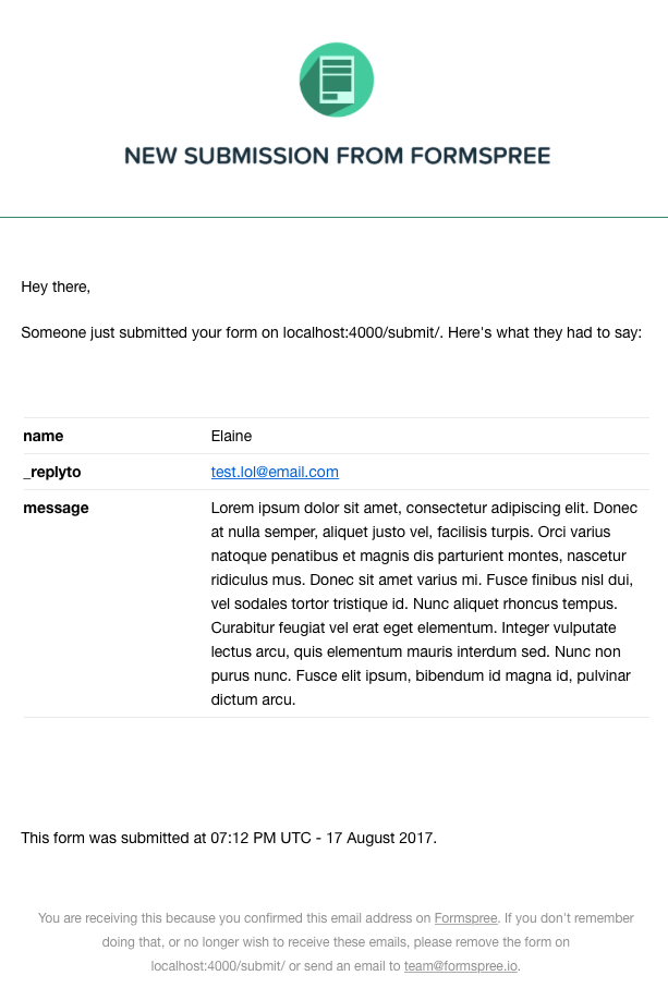 Screenshot of an email received from a Formspree form submission, showing the form from which it was submitted, the name, _replyto and message. At the bottom it shows the time and date of submission.