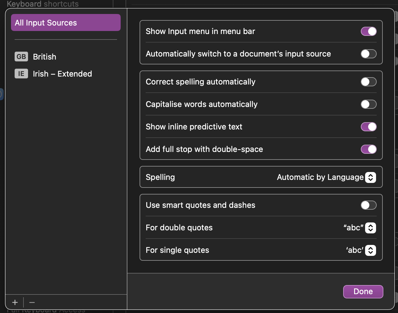 A screenshot of the input sources screen on MacOS. It shows I have two keyboards selected, British and Irish, and some global options for all input sources.