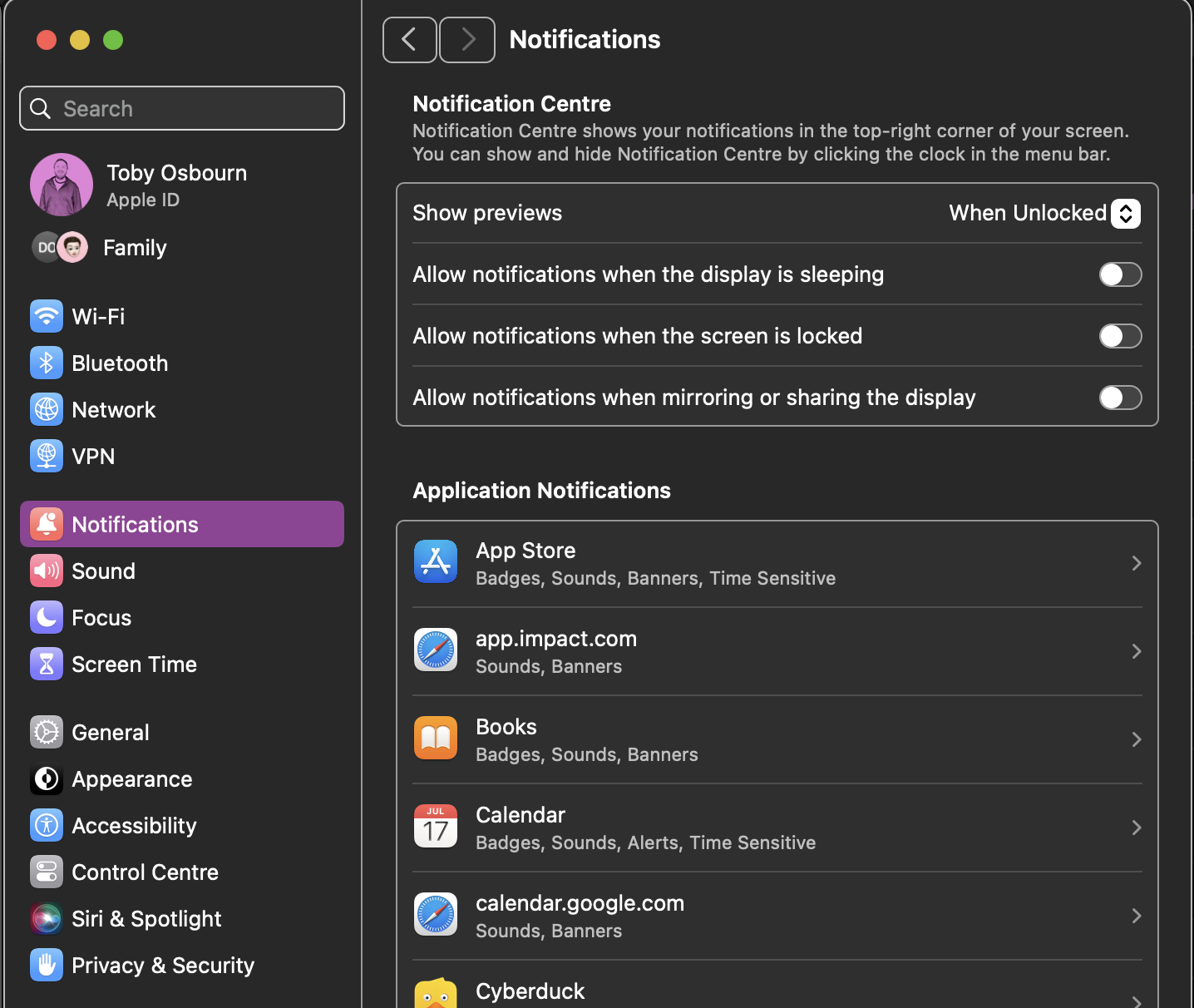 A screenshot of the Notification Settings pane on MacOS. It is split between global settings and specific application settings.