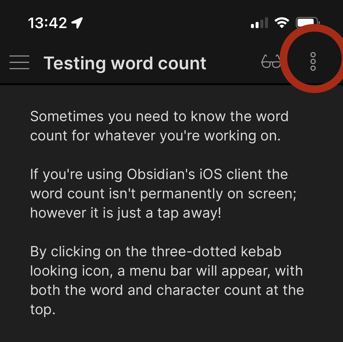 Screenshot showing the kebab icon on the top right of the screen