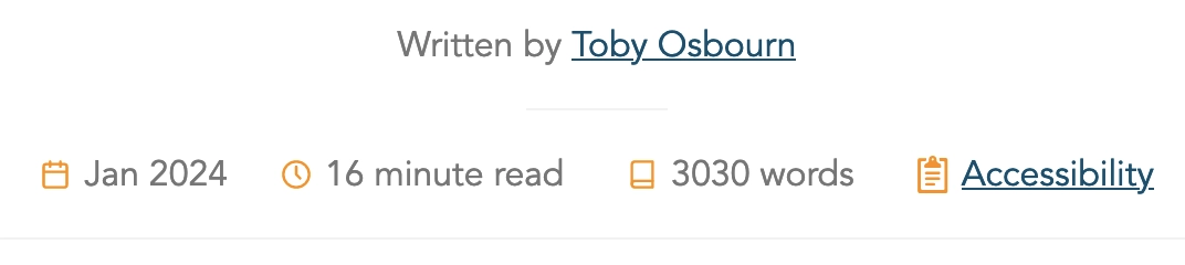 A screenshot of a white screen, at the top the text reads 'Written by Toby Osbourn', in a horizontal list under that it has a date of publication, the reading time, the word count, and the category of the post