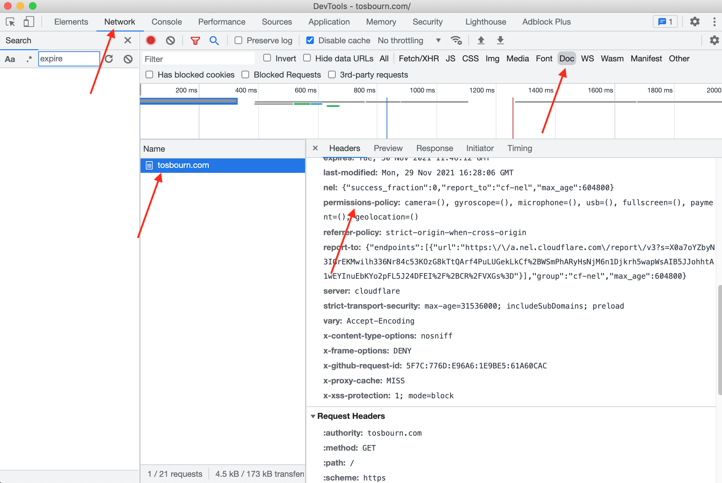 Screenshot of web inspector showing headers for tosbourn.com website