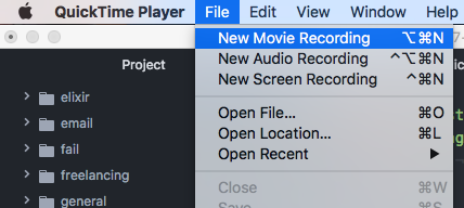 Screenshot to show QuickTime menu going into File and selecting New Movie Recording