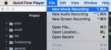 Screenshot to show QuickTime menu going into File and selecting New Movie Recording