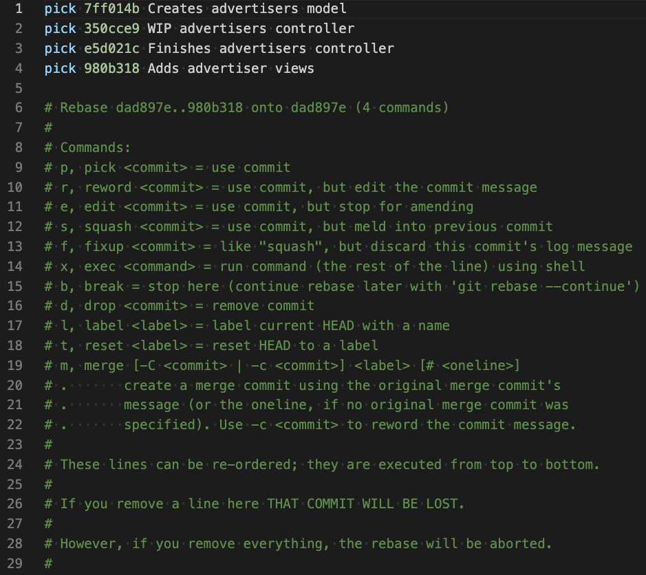 Screenshot of terminal showing rebasing options