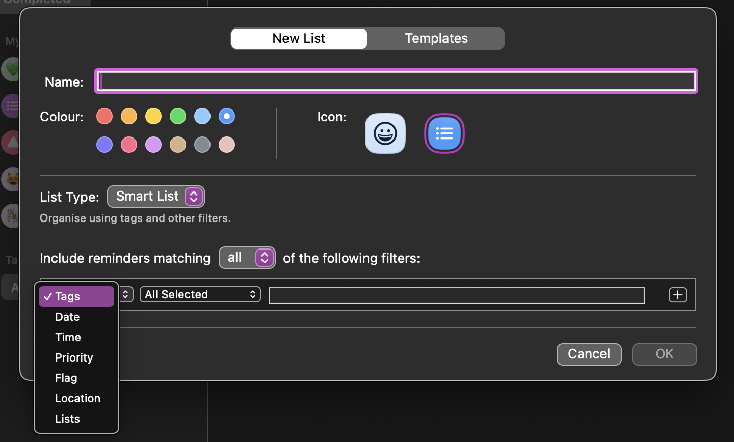 Screenshot showing everything you see on screen when creating a new smart list. There are fields for Name, Colour, and Icon, a way to select List Type, and the filters for what you want to include in the smart list