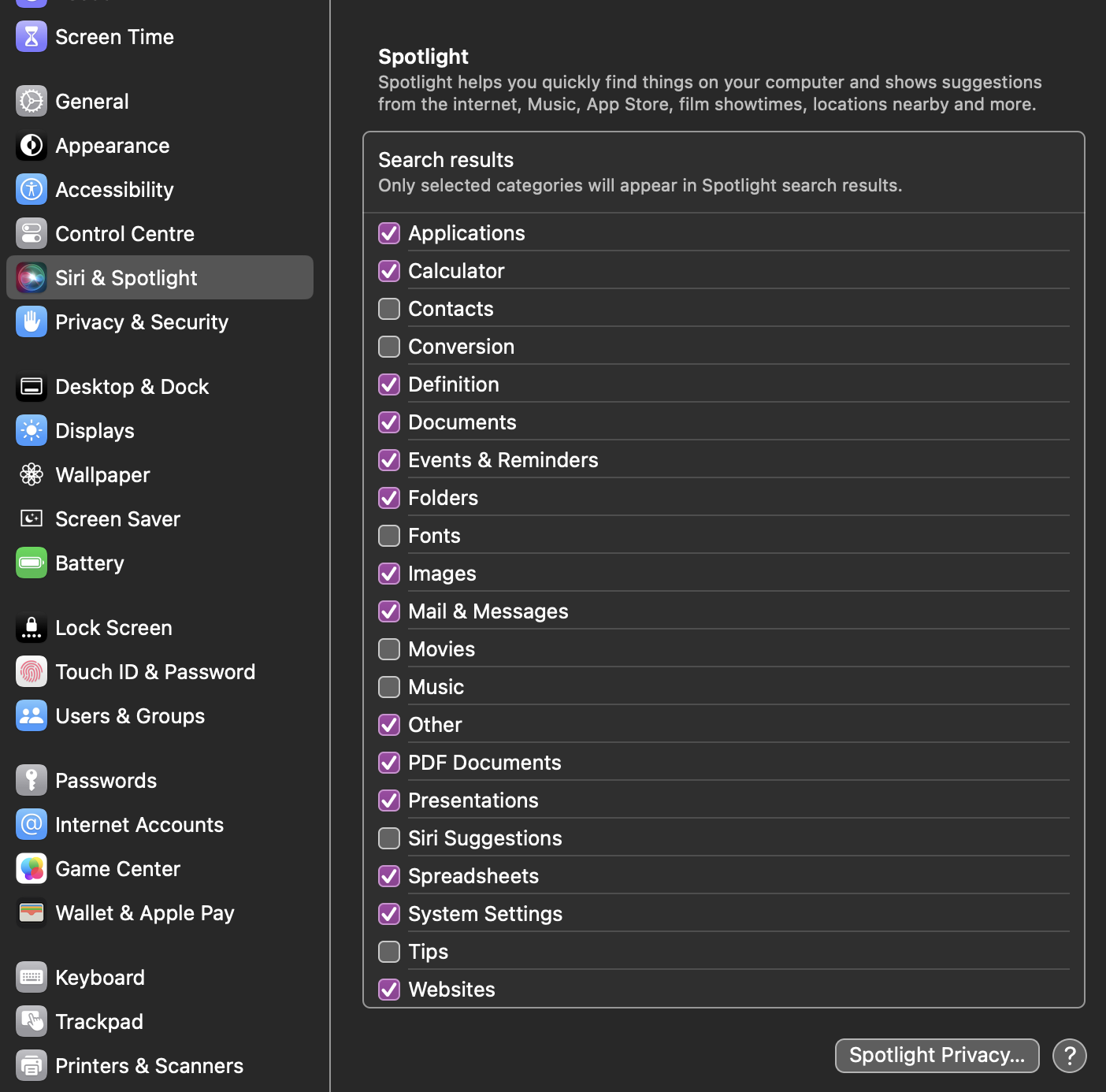 Screenshot of the Siri & Spotlight section of the MacOS system preferences. It shows a list of options for the Spotlight, everything is ticked expect for Contacts, Conversion, Fonts, Movies, Music, Siri Suggestions, and Tips