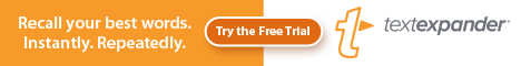 TextExpander advertisement with the words 'Try the Free Trial. Recall your best words. Instantly, repeatedly.'
