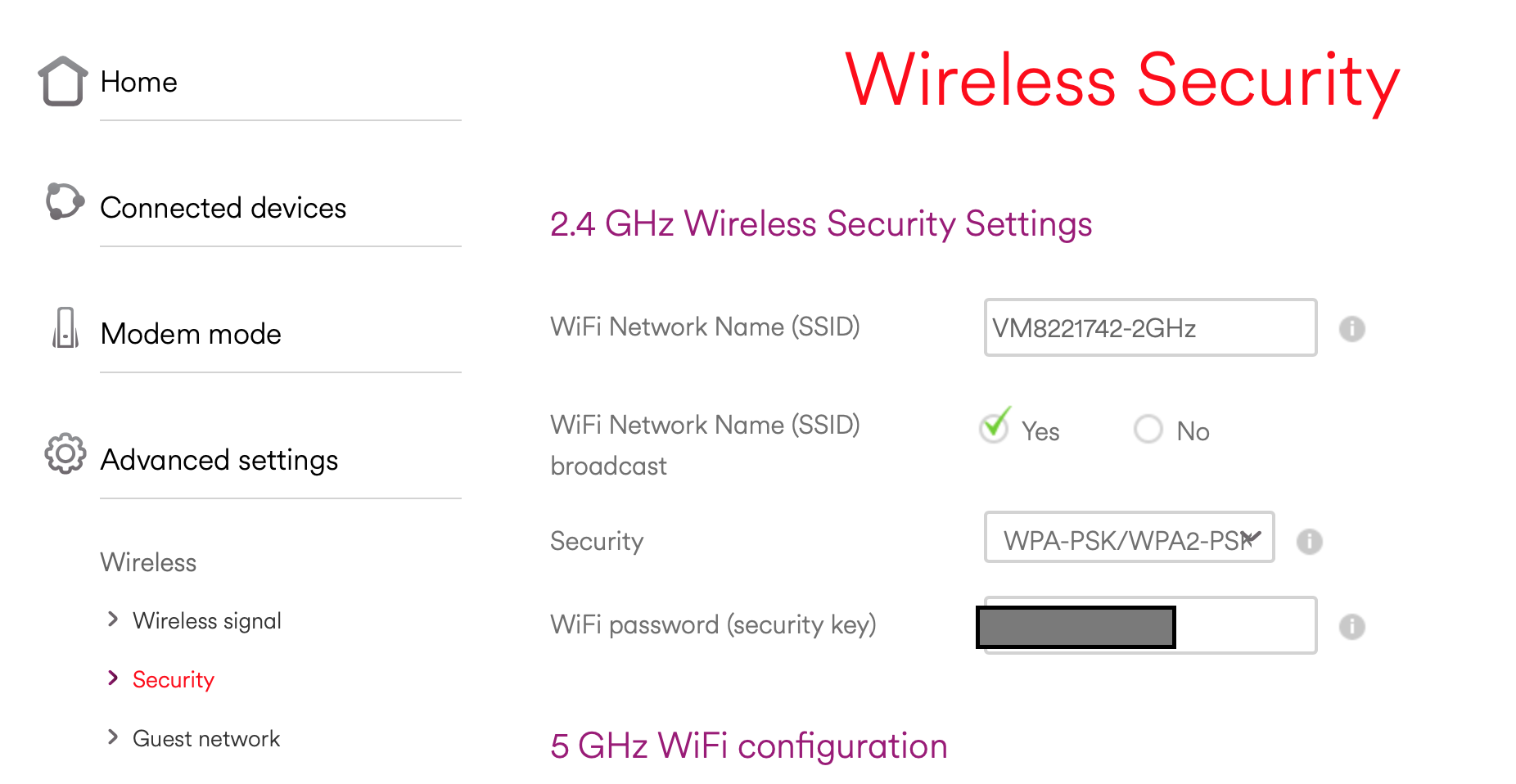 Settings page of Virgin Hub 3