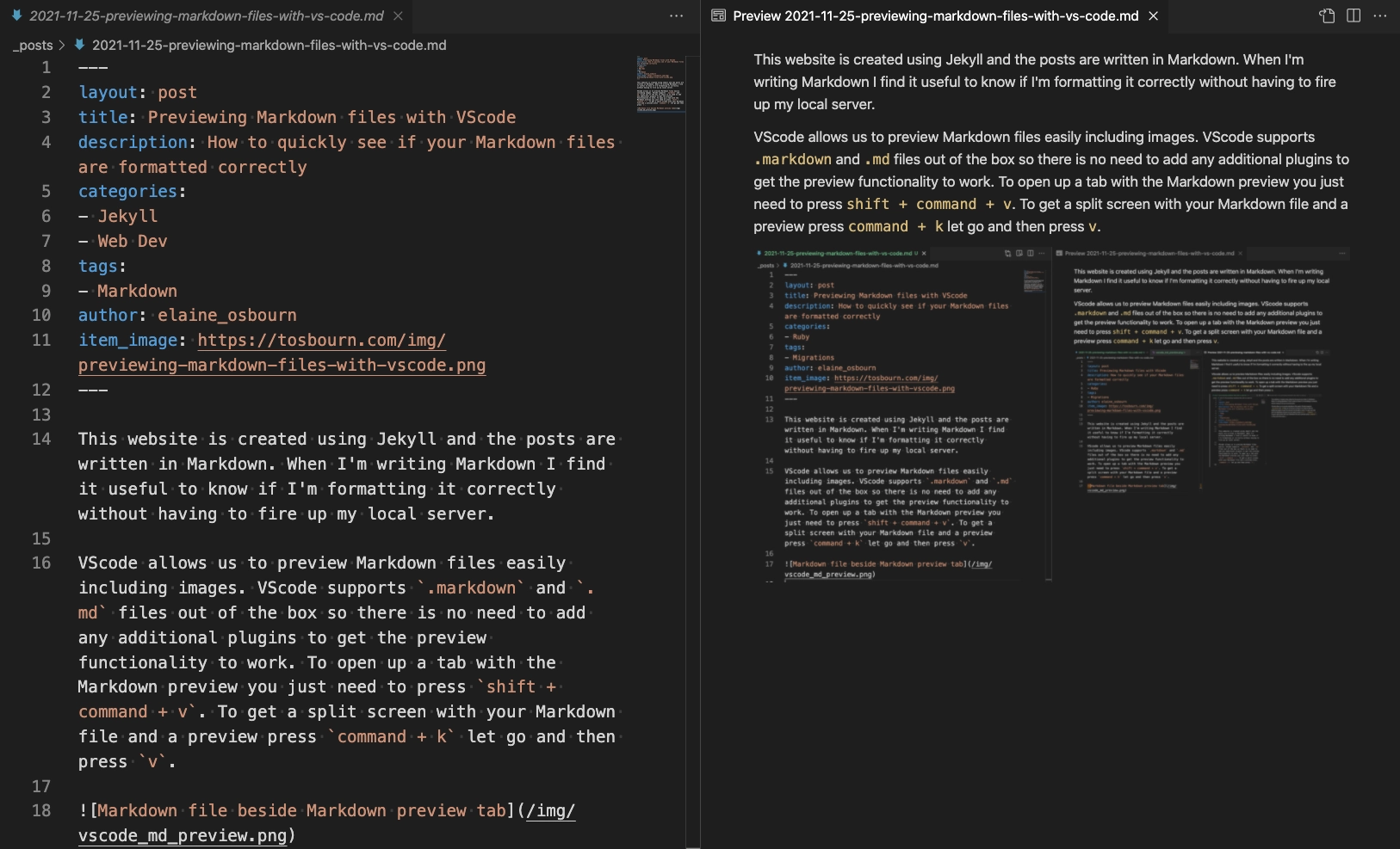 Markdown file beside Markdown preview tab