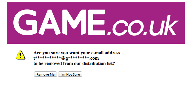 Game's Unsubscribe Email Page